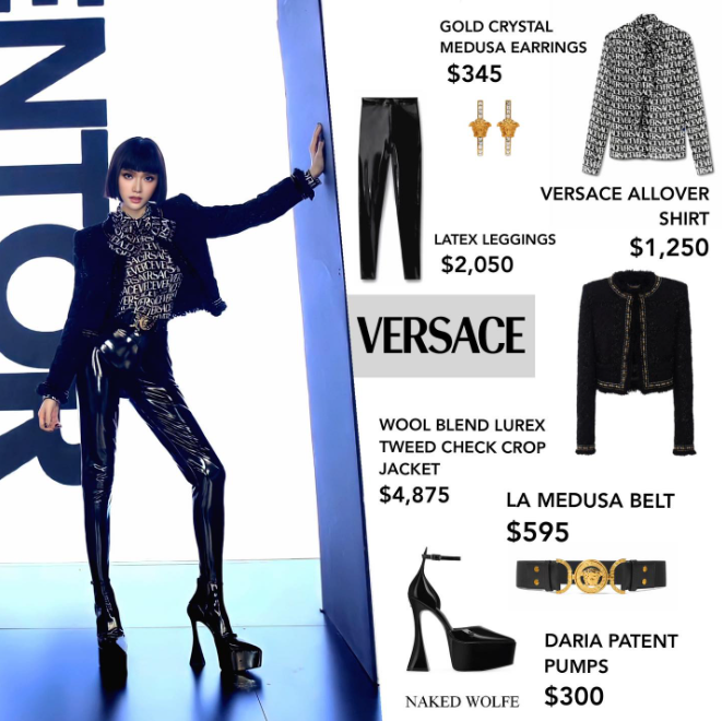 Hương Giang cá tính trong set đồ đến từ thương hiệu Versace. Tổng giá trị set đồ lên tới 9.415 USD (234 triệu đồng). Hương Giang cá tính trong set đồ đến từ thương hiệu Versace. Tổng giá trị set đồ lên tới 9.415 USD (234 triệu đồng).