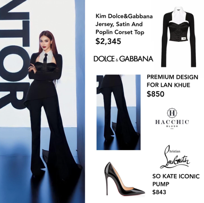 Lan Khuê diện áo từ thương hiệu Dolce & Gabbana, giày của Louboutin cùng mẫu quần ống loe thiết kế riêng cho cô. Set đồ lên tới hơn 4.000 USD (gần 100 triệu đồng). Lan Khuê diện áo từ thương hiệu Dolce & Gabbana, giày của Louboutin cùng mẫu quần ống loe thiết kế riêng cho cô. Set đồ lên tới hơn 4.000 USD (gần 100 triệu đồng).