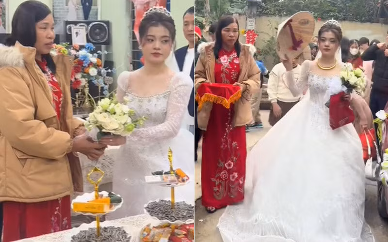 Vắng bóng chú rể, cô dâu một mình làm lễ gia tiên, ra xe hoa về nhà chồng. Vắng bóng chú rể, cô dâu một mình làm lễ gia tiên, ra xe hoa về nhà chồng.