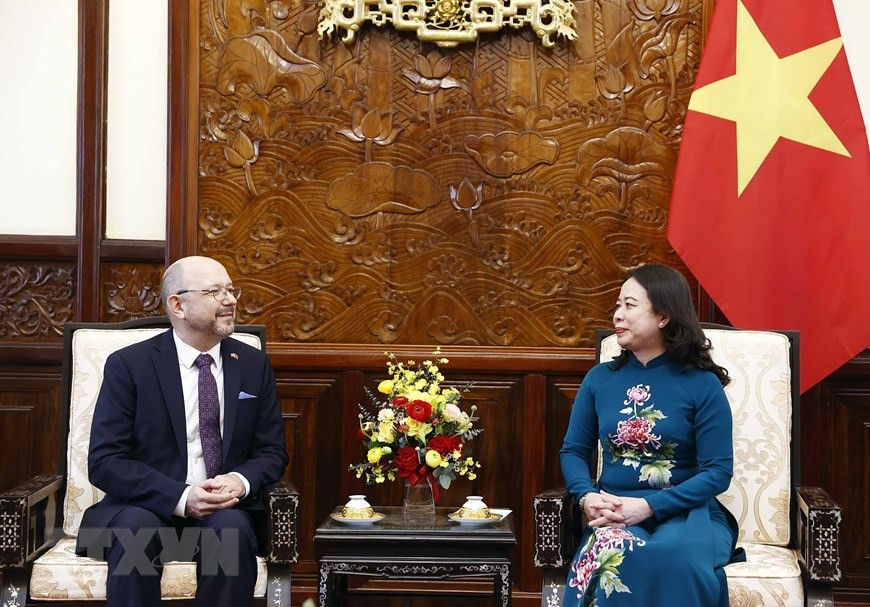 Quyền Chủ tịch nước Võ Thị Ánh Xuân tiếp Đại sứ Thụy Sỹ Thomas Gass tại lễ trình Quốc thư. (Ảnh: Thống Nhất/TTXVN)