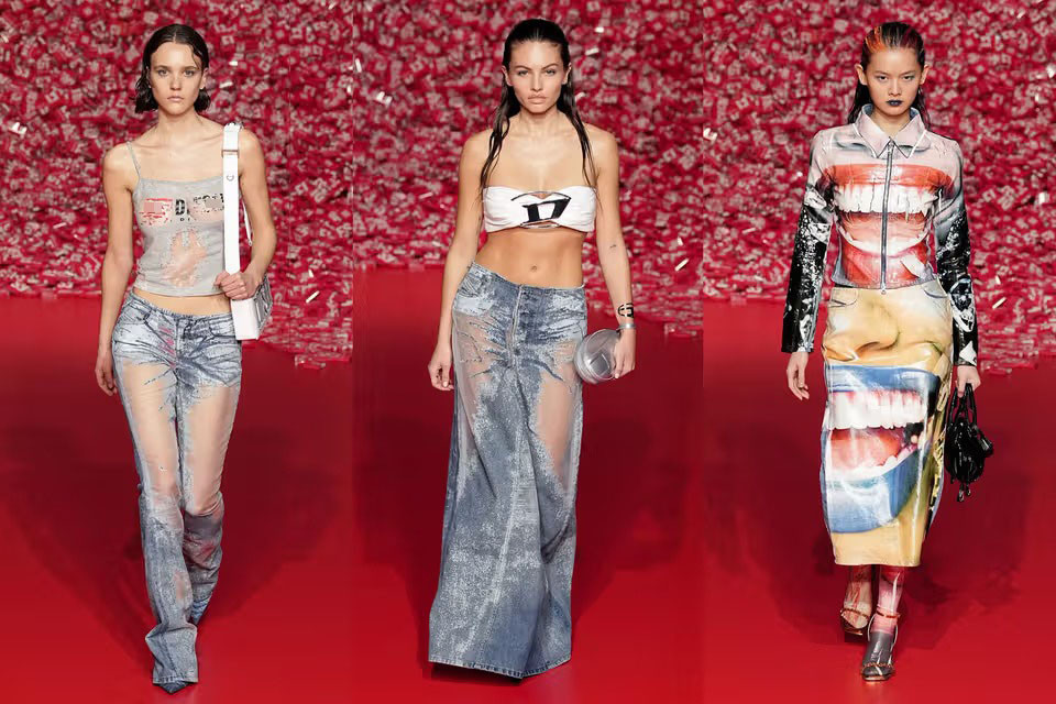 Chất liệu chủ đạo là demin kết hợp vải xuyên thấu và những họa tiết lạ mắt như miệng, mắt và mũi. Ảnh: Hybebae.