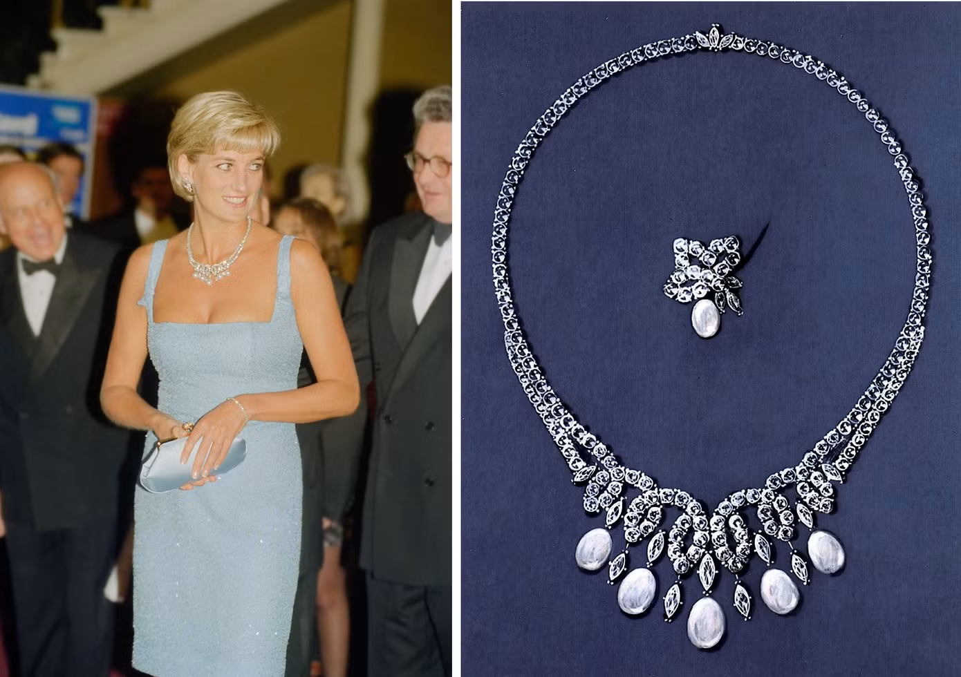 Công nương Diana chỉ kịp đeo vòng cổ, không có cơ hội dùng bông tai cùng bộ. Ảnh: Getty Images.