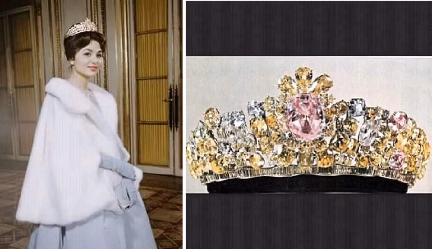 Hoàng hậu Farah đội vương miện Noor-ol-Ain trong ngày cưới. Ảnh: IG.