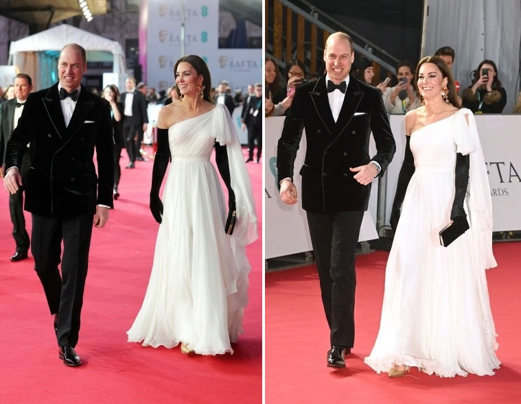 Đây là lần đầu cặp đôi hoàng gia trở lại với giải "Oscar nước Anh" kể từ năm 2020. Năm 2021, họ không tham dự vì phải để tang Hoàng tế Philip. Năm 2022, họ bận rộn lịch trình cũng không thể góp mặt. Hoàng tử William lịch lãm với lễ phục đen, gồm áo khoác nhung, quần Tây, áo sơ mi trắng và nơ. Ảnh: Reuters.