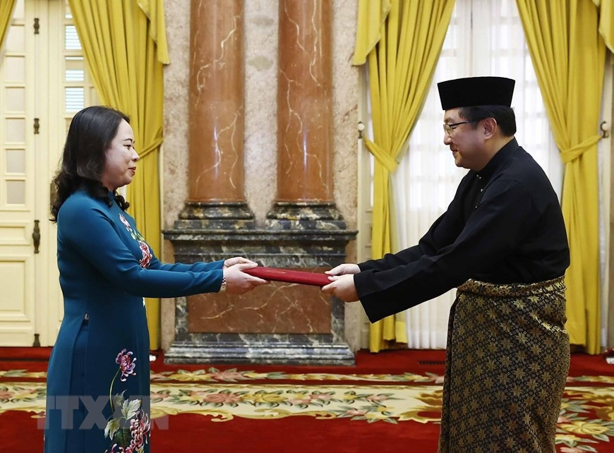 Quyền Chủ tịch nước Võ Thị Ánh Xuân tiếp nhận Quốc thư của Đại sứ Malaysia Tan Yang Thai. (Ảnh: Thống Nhất/TTXVN)