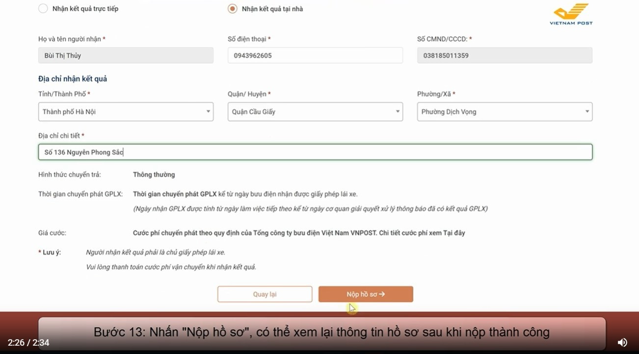 Sau khi xem lại thông tin chính xác thì ấn nộp hồ sơ.