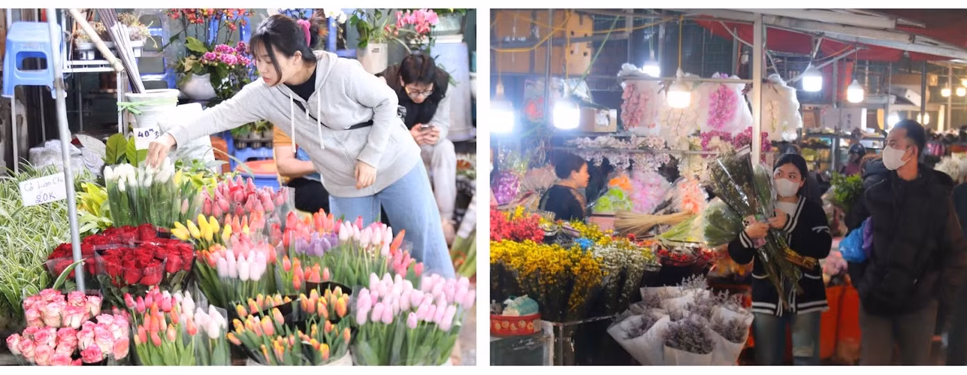 Không chỉ tới để mua hoa tặng mẹ, tặng bà, nhiều bạn trẻ cũng đến chợ hoa từ sớm để chọn mua hoa cho chính mình. Ảnh: Thu Hà