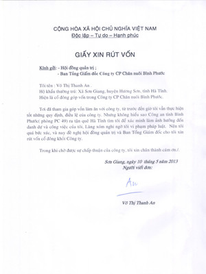 Đơn xin rút vốn của một trong những cổ đông lớn của Cty CP Bình Phước