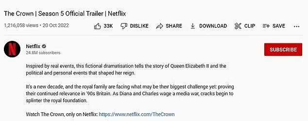 Netflix thêm tuyên bố từ chối trách nhiệm ở phần mô tả của trailer phần 5 The Crown. Ảnh: Daily Mail.