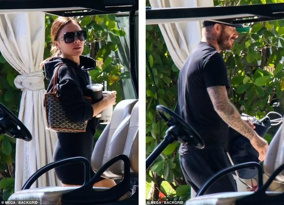 Sau khi rời du thuyền, cặp vợ chồng đình đám đi dạo tại sân golf gần đó. Victoria khoác thêm áo và túi xách, còn David thay sang đồ đen. Ảnh: SplashNews.