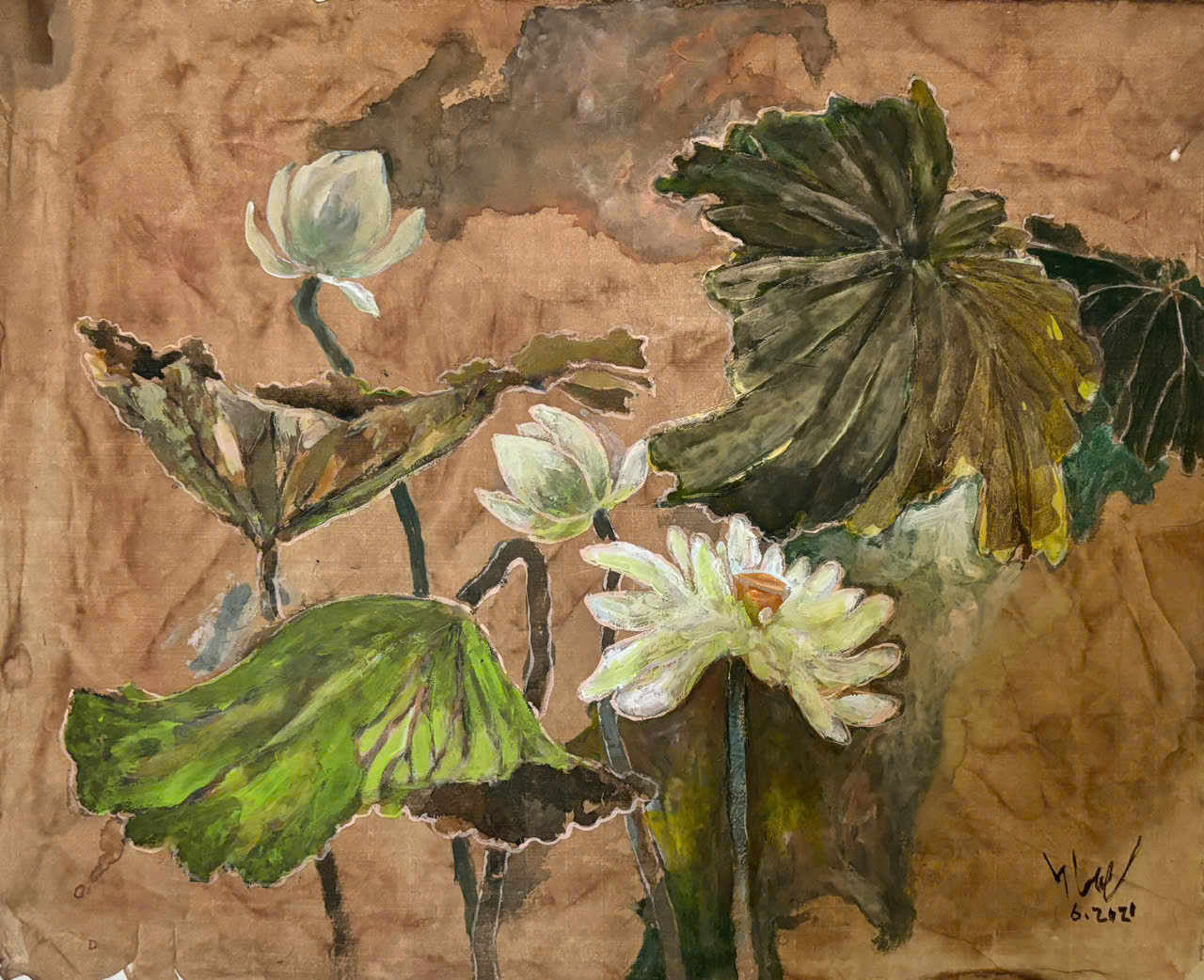 Tác phẩm Sen của họa sĩ Đỗ Đức, chất liệu giấy dó, kích thước 42x52 cm.