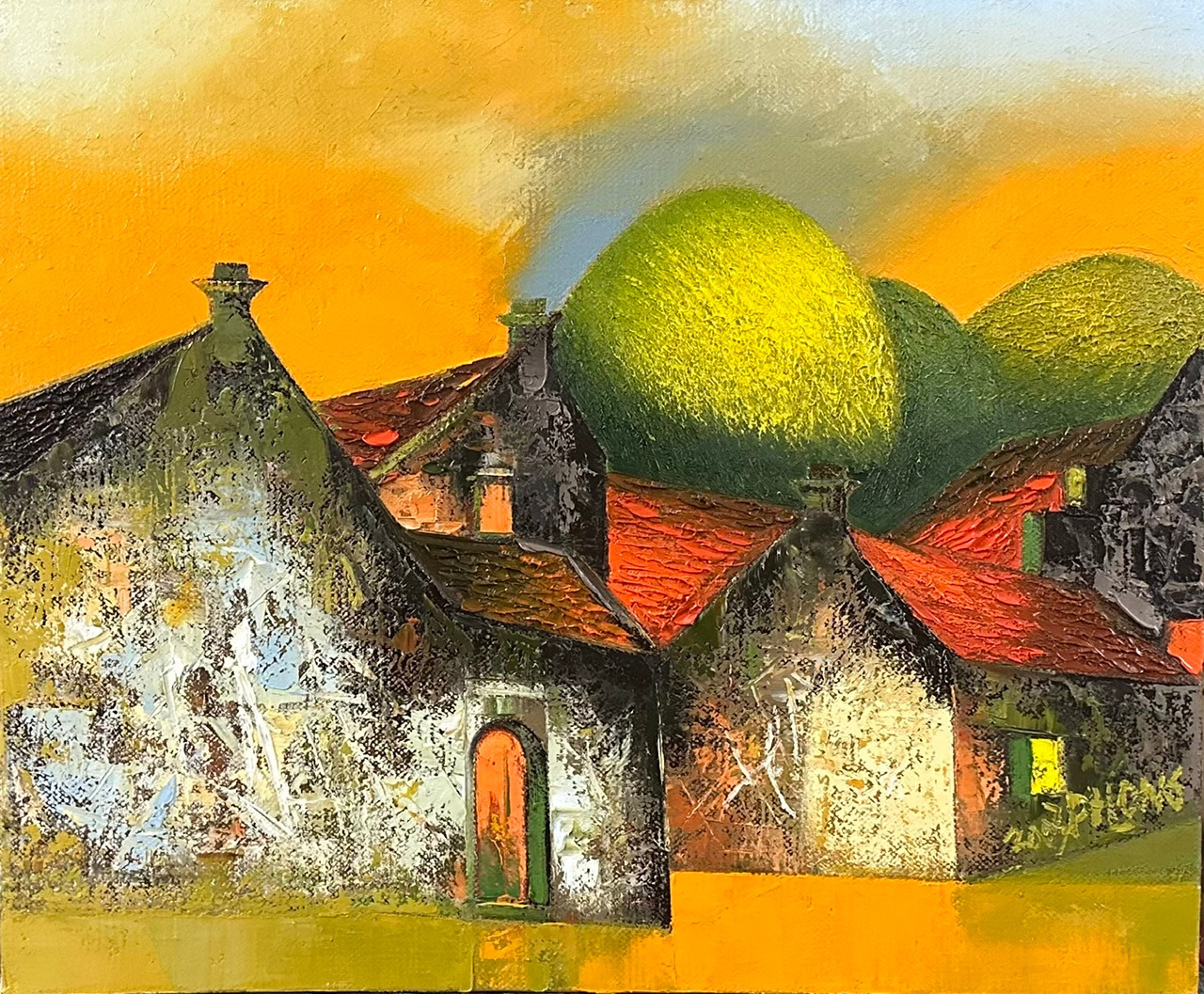 Tác phẩm Chiều vàng của họa sĩ Đào Hải Phong. Chất liệu sơn dầu trên bố, kích thước 50x60 cm, sáng tác năm 2024.