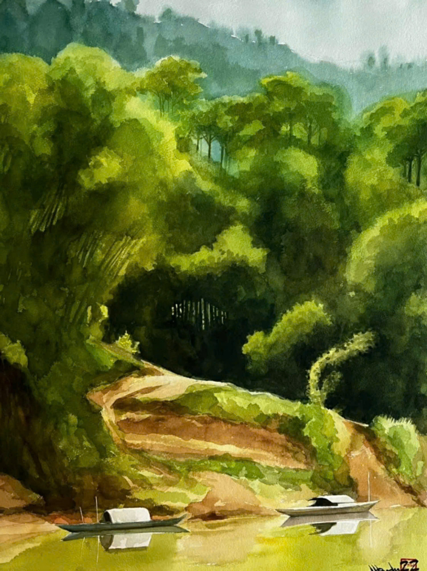 Năm 2021, Hồng Quân ra Bắc, anh có dịp thăm Phú Thọ. Một góc miền núi trung du đã đi vào tranh màu nước của anh.