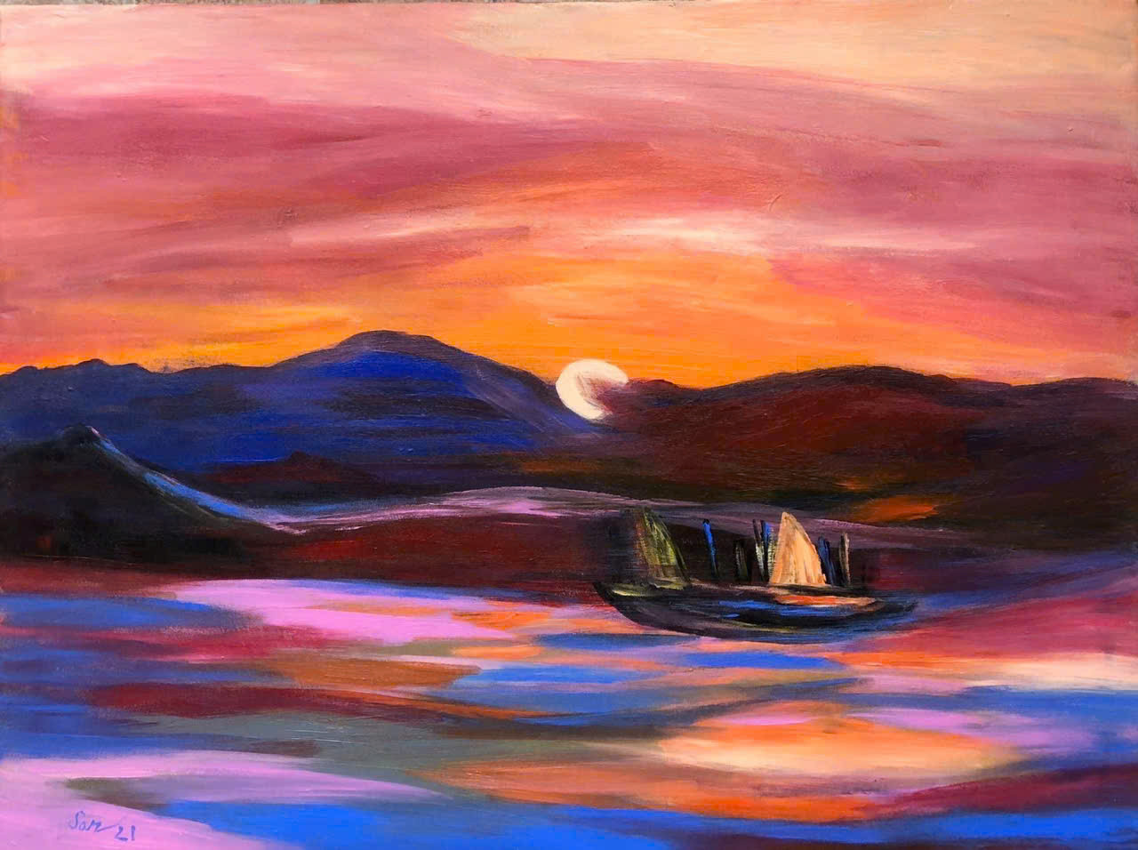 Tác phẩm Trên sông của họa sĩ Đặng Lưu San, chất liệu acrylic, kích thước 60x80 cm.