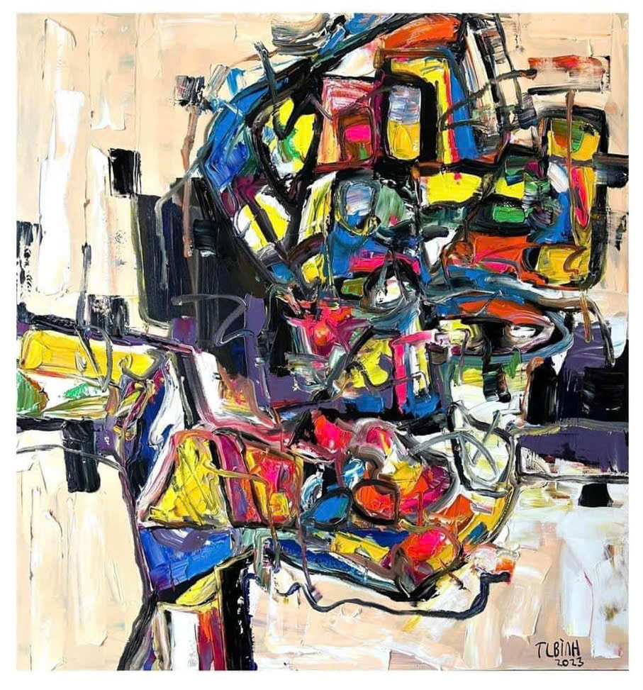 Tác phẩm Nụ hôn của họa sĩ Trần Lâm Bình, chất liệu acrylic, kích thước 160x160 cm, sáng tác năm 2023.