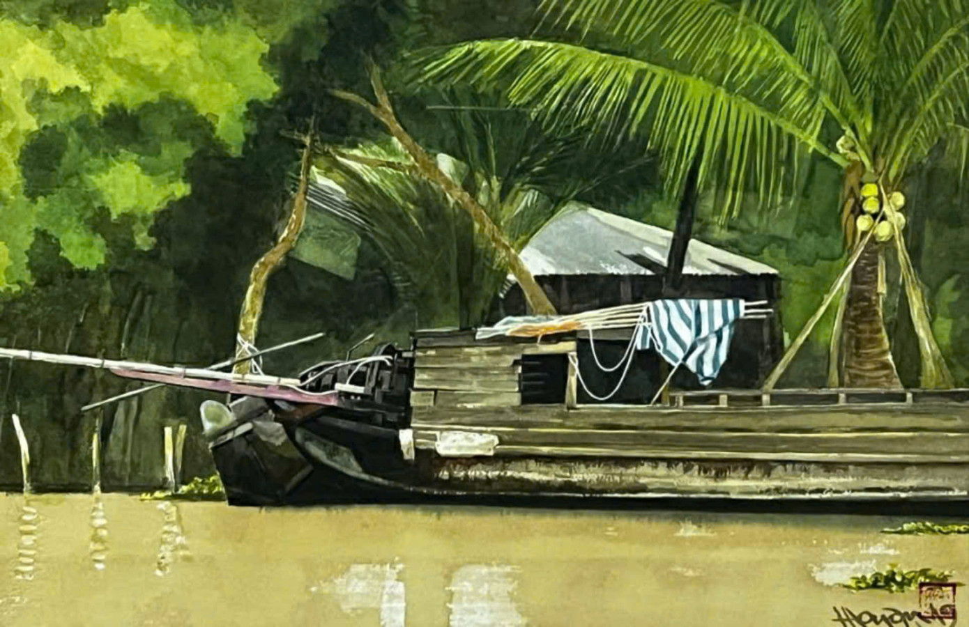 Tác phẩm Bóng nắng của họa sĩ Hồng Quân, chất liệu màu nước, kích thước 36x56 cm, sáng tác năm 2019.