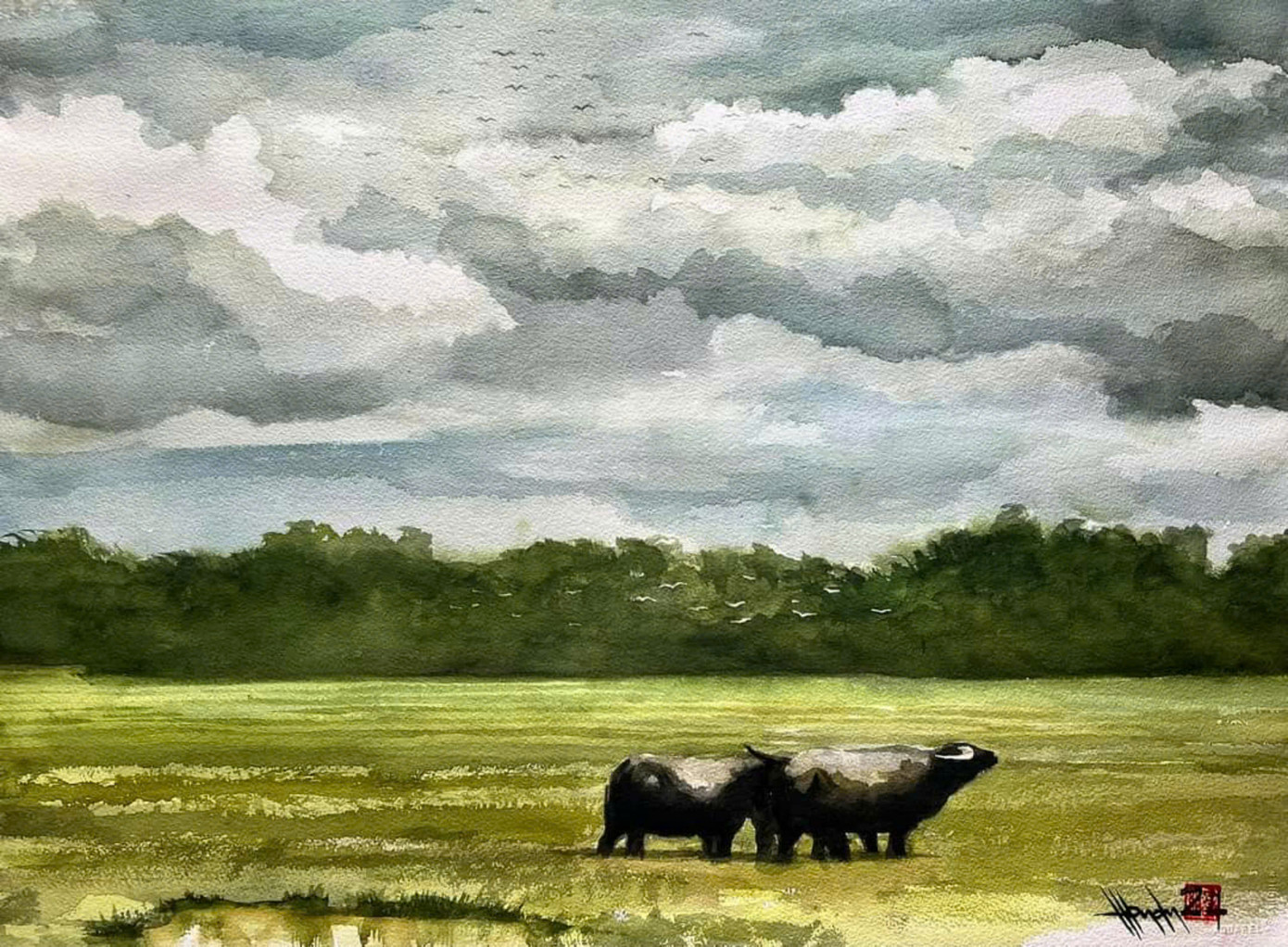 Tác phẩm Mênh mông mùa nước nổi. Hồng Quân tái hiện những cánh đồng tràn ngập nước ở Đồng Tháp. Họa sĩ thú nhận anh mê đắm cảnh nông thôn Việt Nam.