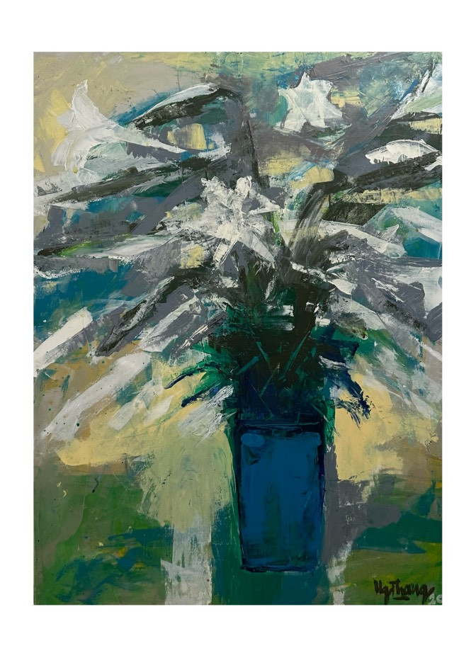 Tác phẩm Hoa của họa sĩ Nguyễn Thắng, chất liệu acrylic trên toan, kích thước 60x80 cm.