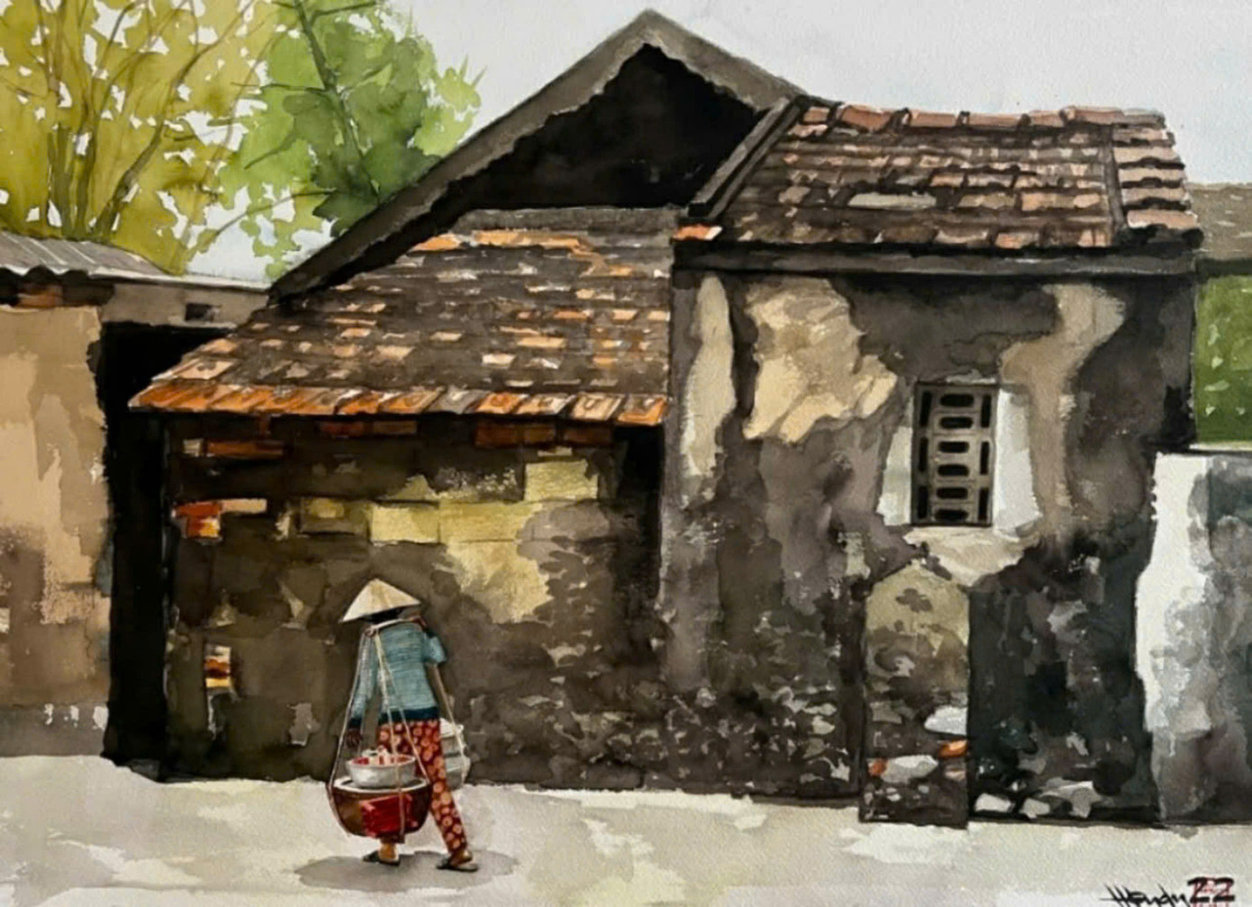 Bóng dáng người phụ nữ miền Trung tảo tần trong tranh Hồng Quân.