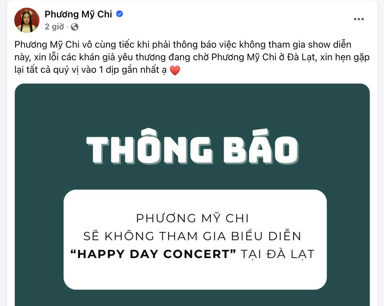 Ca sỹ Phương Mỹ Chi đăng dòng trạng thái xin lỗi khán giả vì lỡ hẹn.