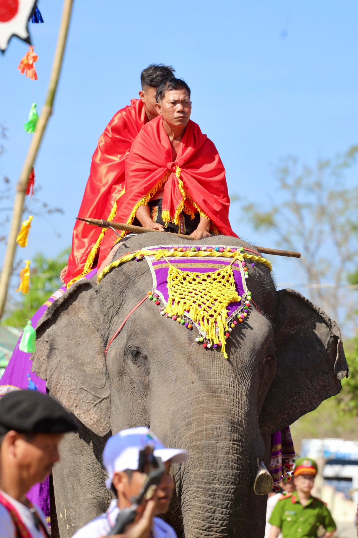 Các chú voi được trang trí bằng các phụ kiện truyền thống, thể hiện sự tôn kính.