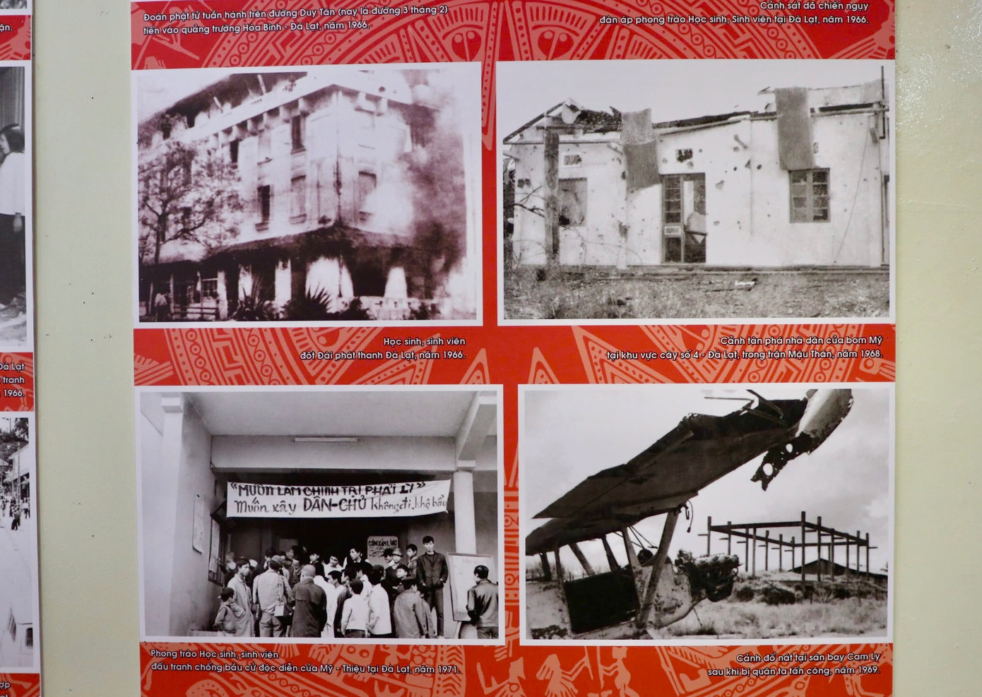 Tại triển lãm xuất hiện các hình ảnh quý như học sinh, sinh viên Đà Lạt đang tập hợp để biểu tình trên đường Phan Đình Phùng năm 1966, Quang cảnh đổ nát tại sân bay Cam Ly khi bị quân ta tấn công năm 1969, Đội du kích các địa phương Đà Lạt, Lạc Dương, Phú Sơn mới thành lập năm 1975...