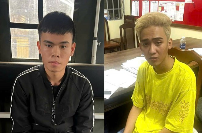 Đối tượng Vĩnh (bên trái) và Thọ tại cơ quan điều tra. Ảnh: CACC.