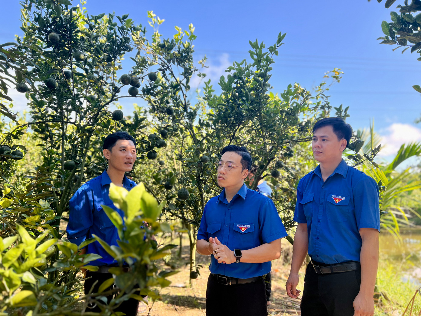 Mô hình trồng cây ăn quả xen canh của đoàn viên Huỳnh Thanh Duy (bên trái) là điển hình của thanh niên khởi nghiệp huyện Đăk Hà.