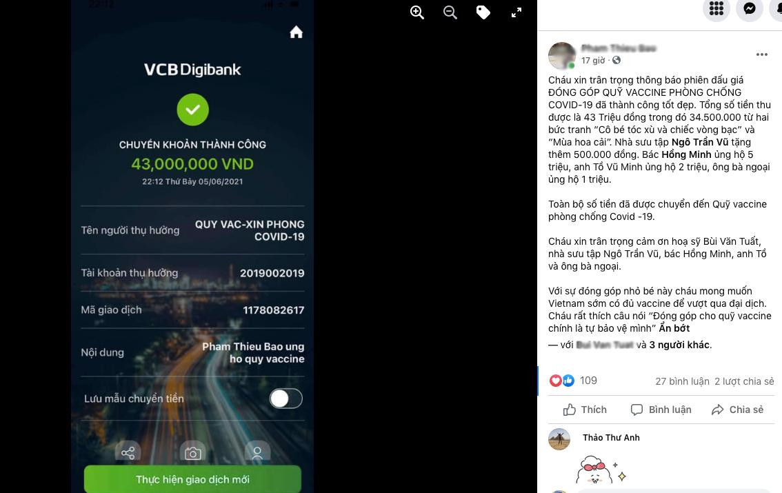 Toàn bộ số tiền thu được, Bảo đã chuyển khoản ủng hộ quỹ vaccine phòng chống COVID-19