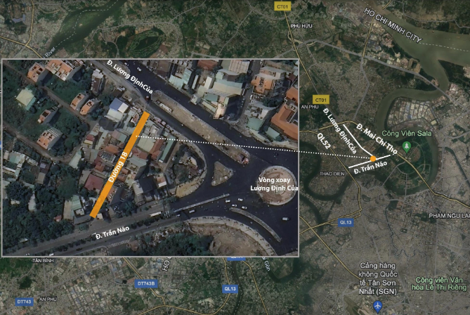 Sự việc xảy ra trên con đường lộ giới 7m nối giữa hai tuyến đường lớn huyết mạch của TP Thủ Đức là Lương Định Của và Trần Não (Đồ họa: Tâm Linh). Sự việc xảy ra trên con đường lộ giới 7m nối giữa hai tuyến đường lớn huyết mạch của TP Thủ Đức là Lương Định Của và Trần Não (Đồ họa: Tâm Linh).