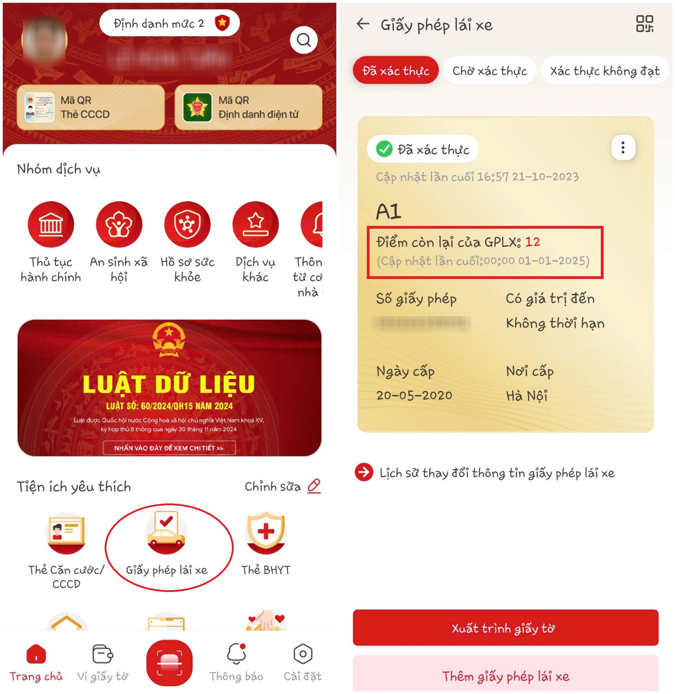 Số điểm còn lại của giấy phép lái xe được hiển thị trên ứng dụng VNeID. Số điểm còn lại của giấy phép lái xe được hiển thị trên ứng dụng VNeID.
