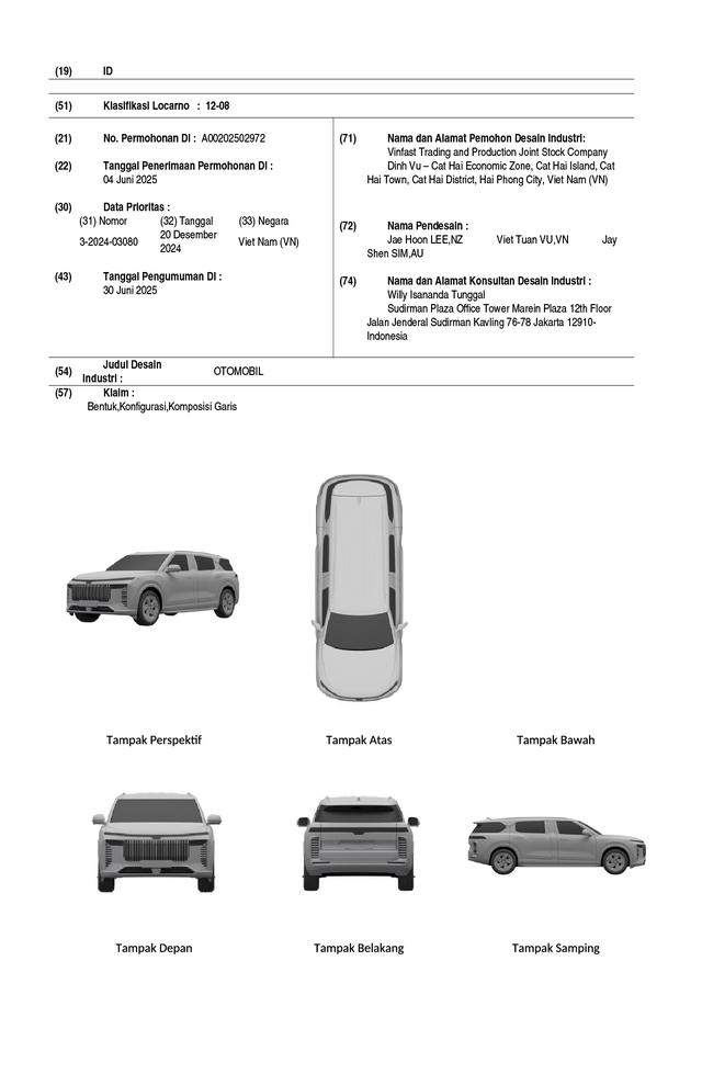 Hồ sơ đăng ký bản quyền kiểu dáng mẫu xe mới của VinFast tại Indonesia. Ảnh: DJKI