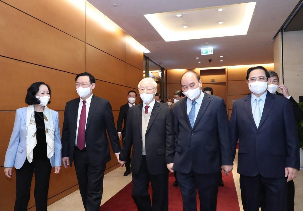 Tổng Bí thư Nguyễn Phú Trọng và lãnh đạo Đảng, Nhà nước tham dự hội nghị (ảnh Nhật Minh)