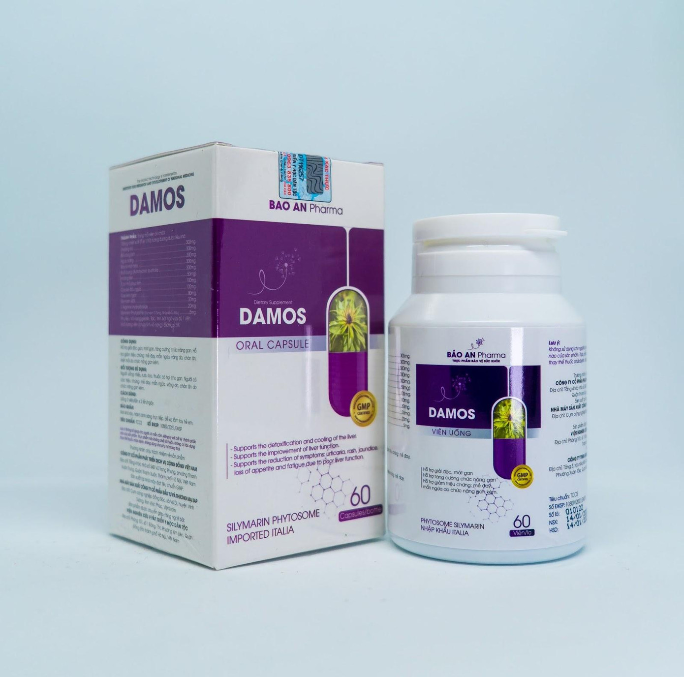 Hộp sản phẩm TPBVSK Damos được dán tem nhãn chính hãng