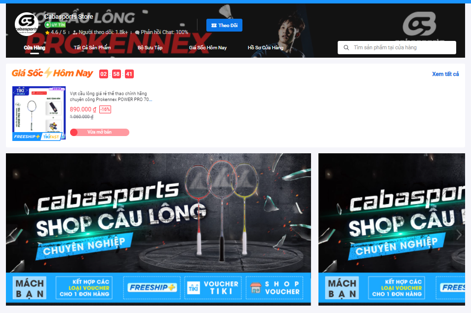 Ảnh chụp màn hình gian hàng CabaSports trên Tiki. Thương hiệu có lượng đơn hàng ổn định và tăng trưởng khi bán hàng online trên nền tảng thương mại điện tử này.