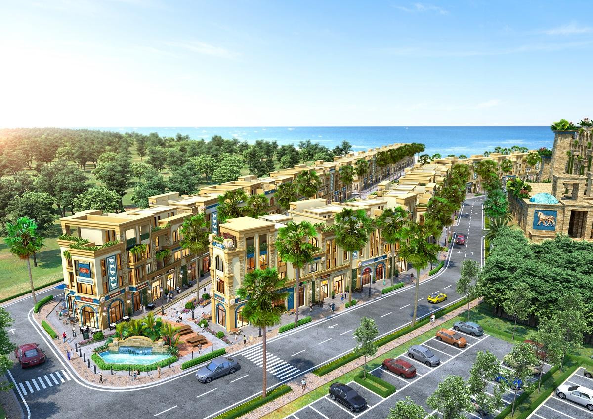 Dãy phố mua sắm Shophouse Babylon xanh mướt ngay con đường dẫn xuống biển