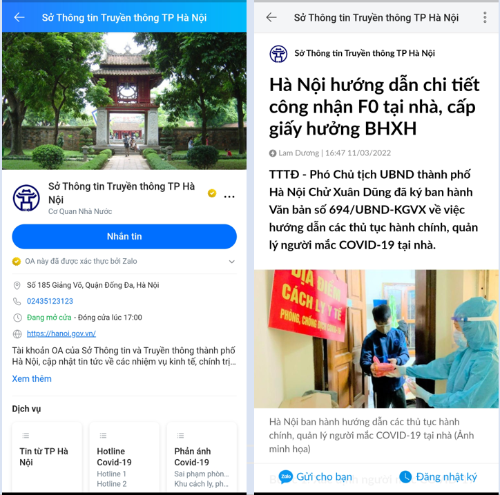 Hướng dẫn công nhận F0 tại nhà, cấp giấy hưởng BHXH được đăng tải tại trang Zalo “Sở Thông tin Truyền thông TP Hà Nội”. Ảnh chụp màn hình
