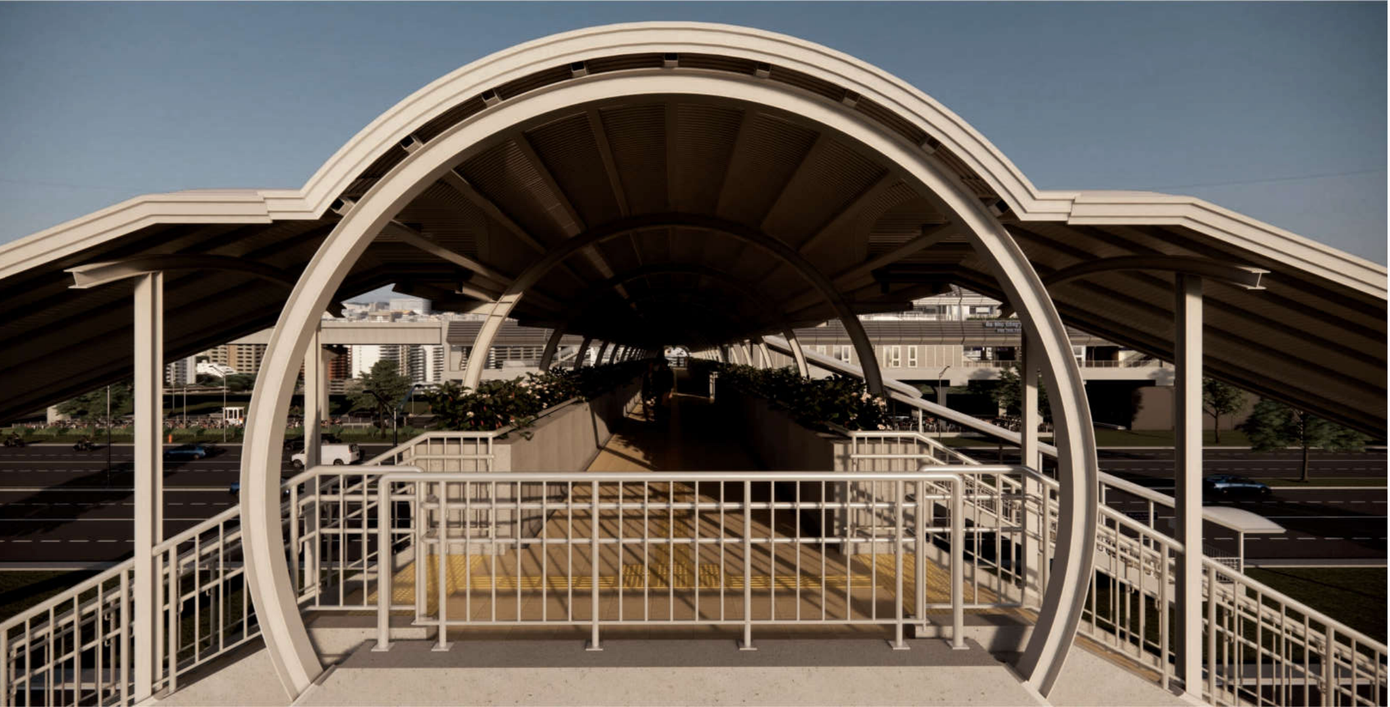 Các cầu bộ hành đều có mái che mưa, che nắng.