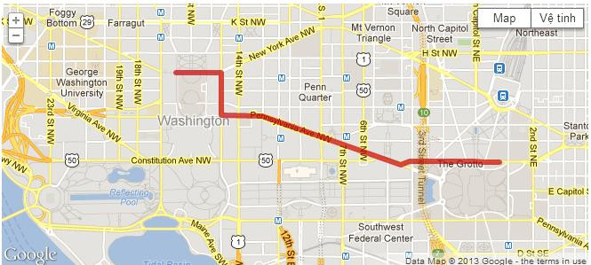 Bản đồ (màu đỏ) hiển thị quãng đường tổng thống Mỹ sẽ diễu hành sau lễ nhậm chức