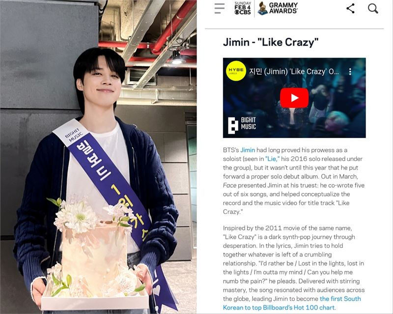 Like Crazy của Jimin được chọn là K-Pop That Hits 2023 tại Grammys. Jimin từ lâu đã chứng tỏ mình là một nghệ sĩ solo xuất sắc kể từ ca khúc solo đầu tiên Lie nằm trong album thường kỳ của BTS vào năm 2016, và năm nay Jimin đã giới thiệu chi tiết về album và nói rằng cuối cùng anh ấy đã phát hành một album solo đích thực ra thế giới. Like Crazy của Jimin được chọn là K-Pop That Hits 2023 tại Grammys. Jimin từ lâu đã chứng tỏ mình là một nghệ sĩ solo xuất sắc kể từ ca khúc solo đầu tiên Lie nằm trong album thường kỳ của BTS vào năm 2016, và năm nay Jimin đã giới thiệu chi tiết về album và nói rằng cuối cùng anh ấy đã phát hành một album solo đích thực ra thế giới.
