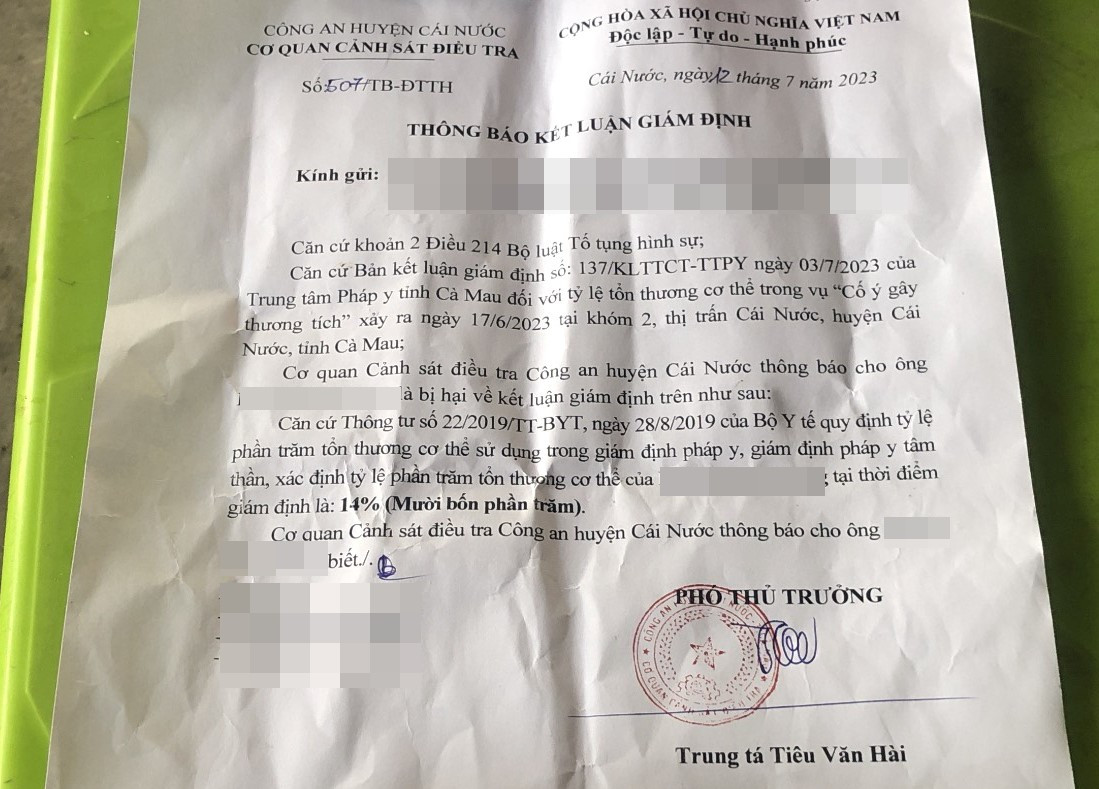 Thông báo kết luận giám định của Cơ quan CSĐT Công an huyện Cái Nước đối với ông Tr. Thông báo kết luận giám định của Cơ quan CSĐT Công an huyện Cái Nước đối với ông Tr.