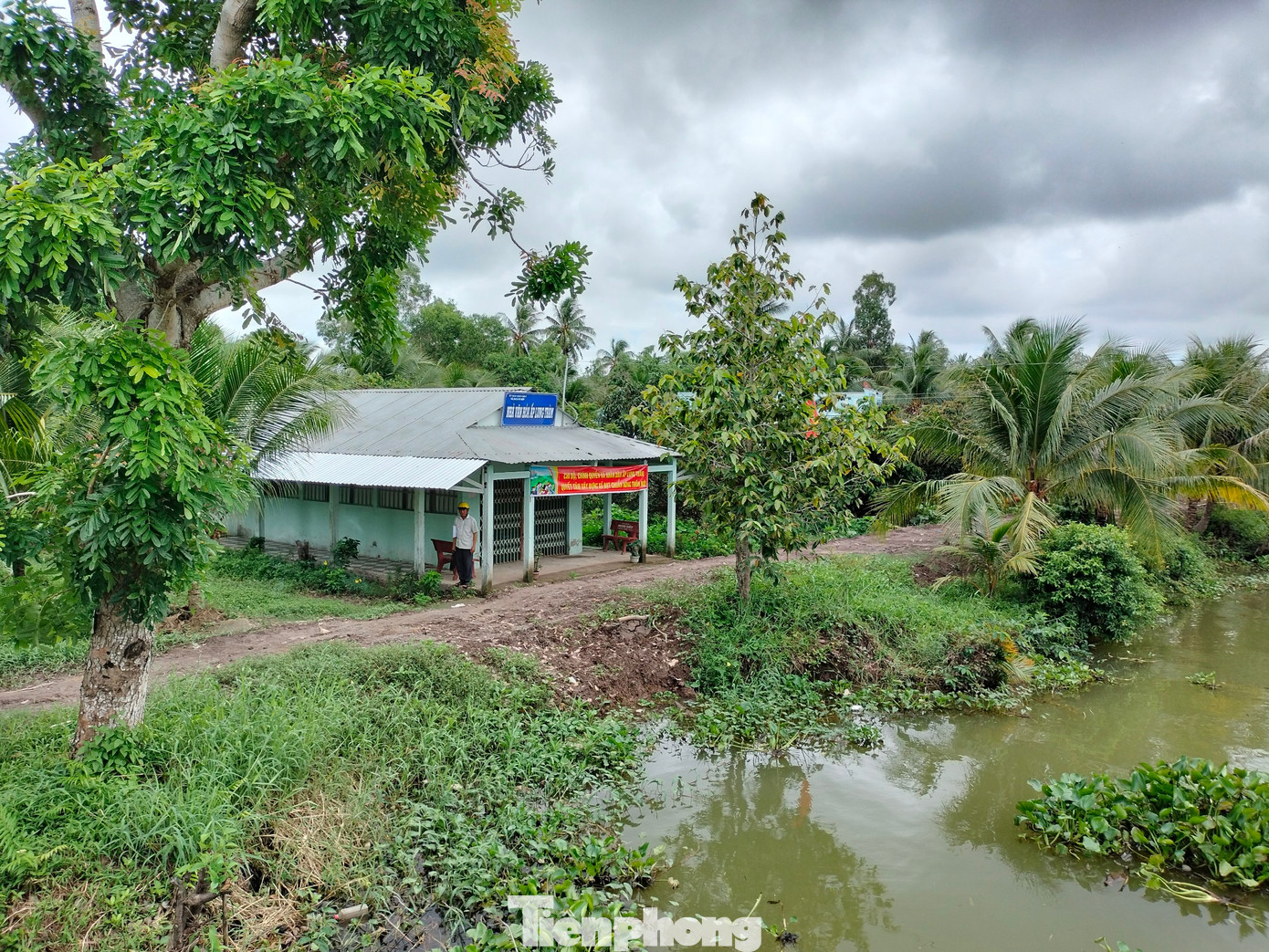 Nhà văn hóa ấp Lung Tràm chưa có lộ giao thông đi qua gây khó khăn cho sinh hoạt của người dân địa phương. Ảnh: Tân Lộc.