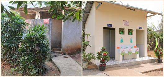 Hình ảnh trước và sau khi xây mới một nhà vệ sinh trường học, thuộc dự án mang tới “1.000 nhà vệ sinh cho em” đạt chuẩn do Quỹ Vì Tầm Vóc Việt - Tập đoàn TH thực hiện.