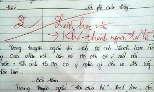 Những lời phê này nhận được rất nhiều ý kiến trái chiều của cộng đồng mạng. Người đồng tình bởi sự độc đáo, người phản đối vì cho rằng không phù hợp với môi trường sư phạm. Trong ảnh: bài kiểm tra Văn bị điểm kém của một học sinh kèm theo lời phê khá nặng nề 