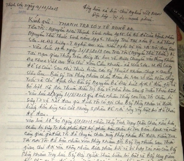 Đơn tố cáo của gia đình gửi Sở Y tế Nghệ An và các đơn vị chức năng.