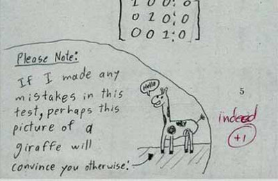 Học sinh “lưu ý” giáo viên khi đính kèm: Nếu như bài kiểm tra của em có bất kỳ lỗi gì, có lẽ bức tranh con hươu cao cổ này sẽ thuyết phục được cô. Và kết quả như mong muốn khi giáo viên phê: “Thực vậy (cộng 1 điểm)”