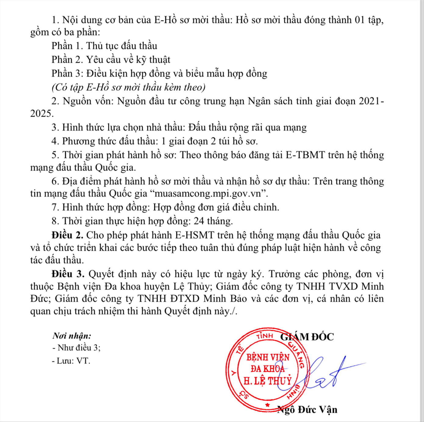 Quyết định phê duyệt hồ sơ mời thầu của Bệnh viện Đa Khoa huyện Lệ Thủy ký ngày 16/1/2024 nhưng vẫn áp dụng phương thức đấu thầu “1 giai đoạn 2 túi hồ sơ”