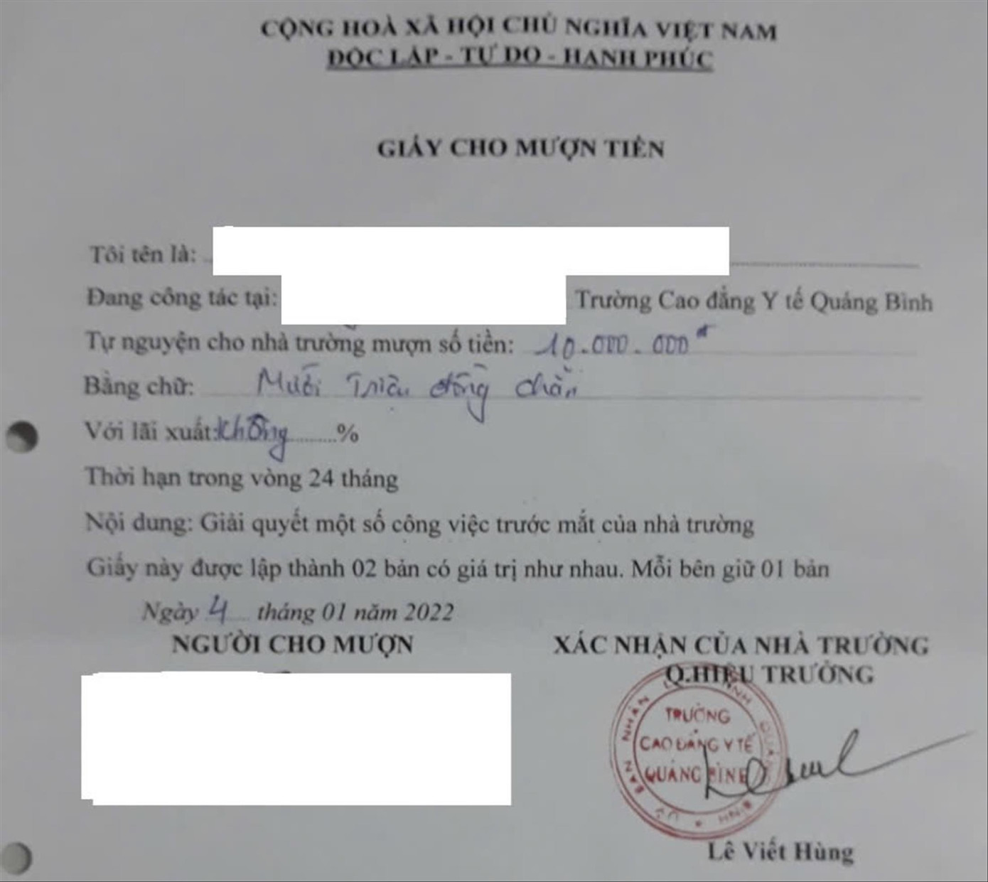 Giấy cho mượn tiền được ông Lê Viết Hùng ký xác nhận và đóng dấu nhà trường Giấy cho mượn tiền được ông Lê Viết Hùng ký xác nhận và đóng dấu nhà trường