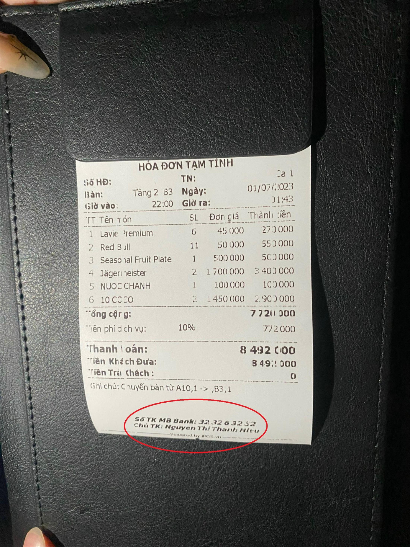 Trên các phiếu thu tính tiền đều ghi tài khoản cá nhân