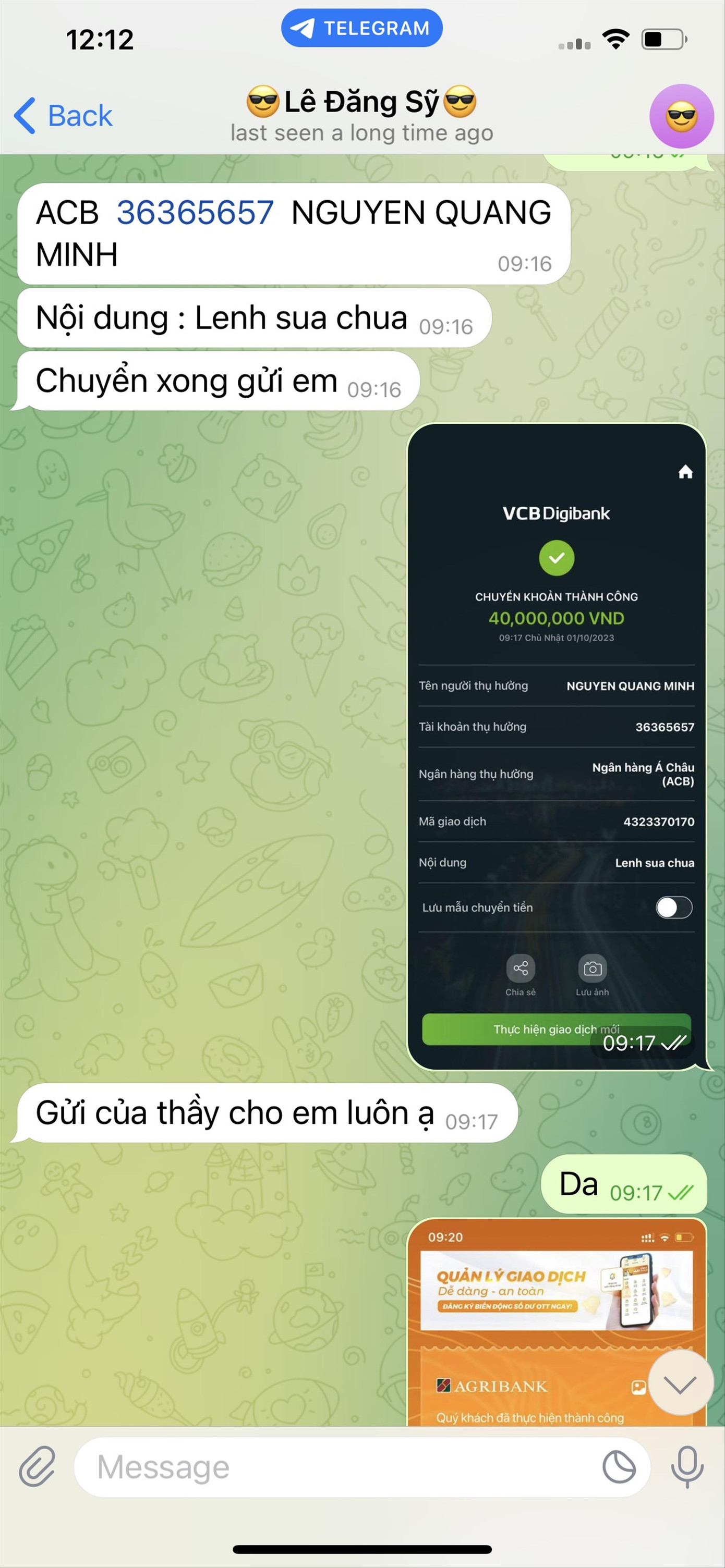 Lần chị L.T.H chuyển 40 triệu đồng cho các đối tượng. Ảnh nhân vật cung cấp